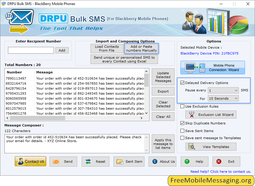 Bulk SMS Software for Blackberry Mobile Phones Delay Delivery Option Screenshots