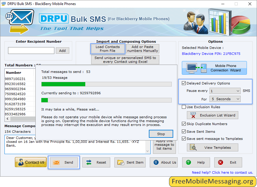 Bulk Sms Software for Blackberry Mobile Phones Sms Sending process Screenshots