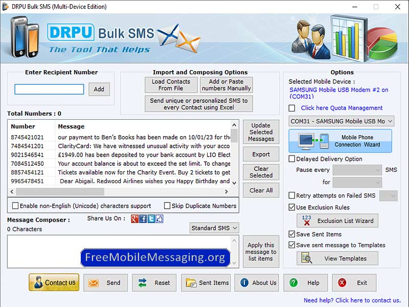 Screenshot of USB Modem Text Messaging Program