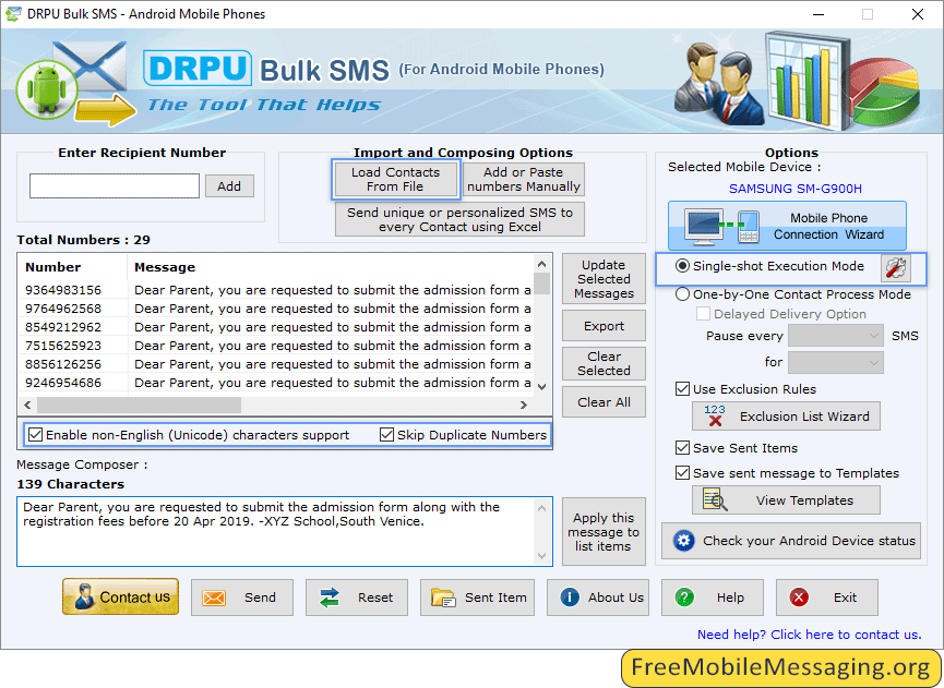 Bulk SMS Software for Android Single shot Execution Mode Screenshots