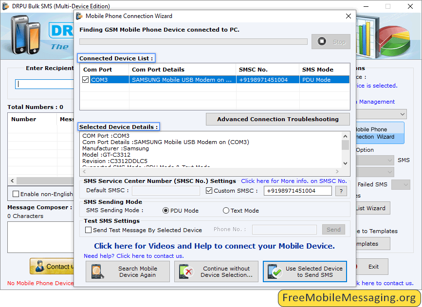 Bulk SMS Software - Multi-Device Edition Connection wizard Screenshots
