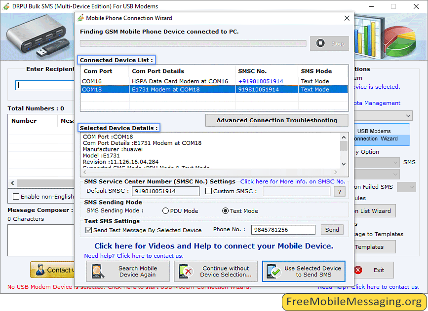 Bulk SMS Software - Multi USB Modem Connected Device List Screenshots
