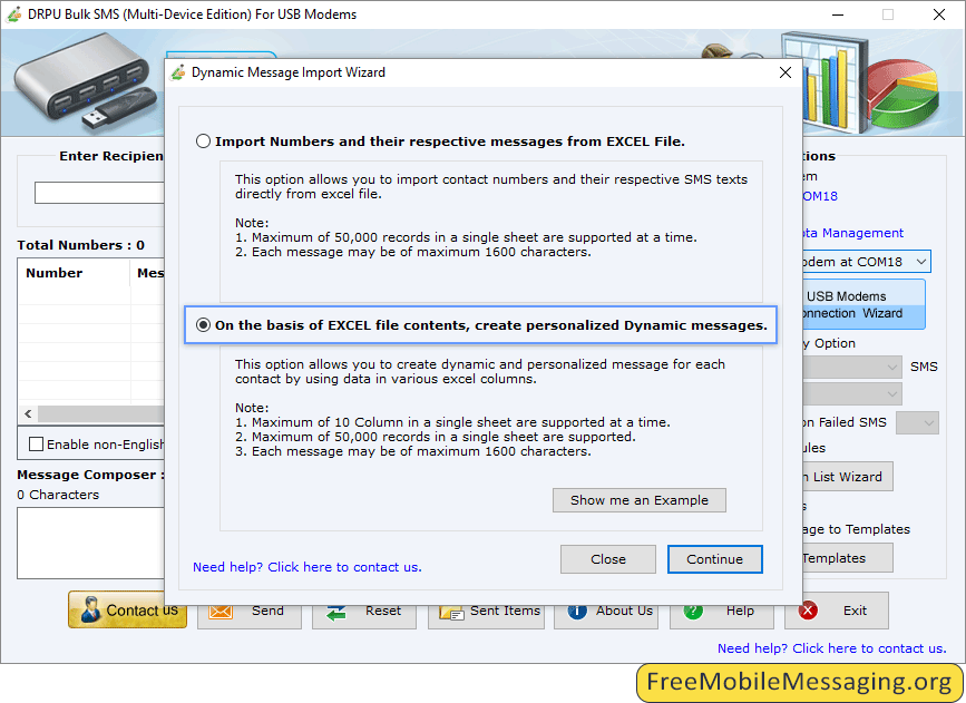 Multi USB Modem Dynamic Messages Import Wizard Screenshots