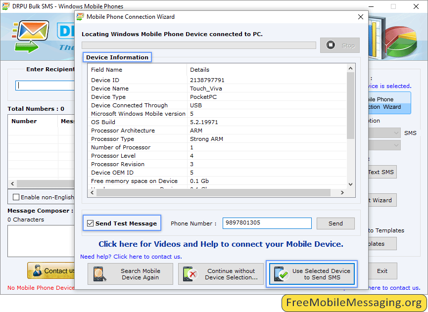 Bulk SMS Software for Windows based mobile phone Connections Wizard Screenshots