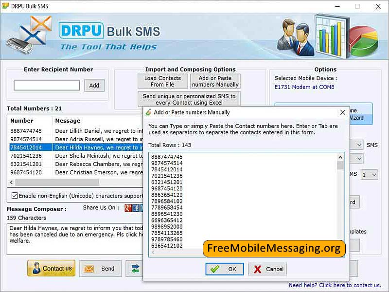 Screenshot of Send Bulk SMS Messages